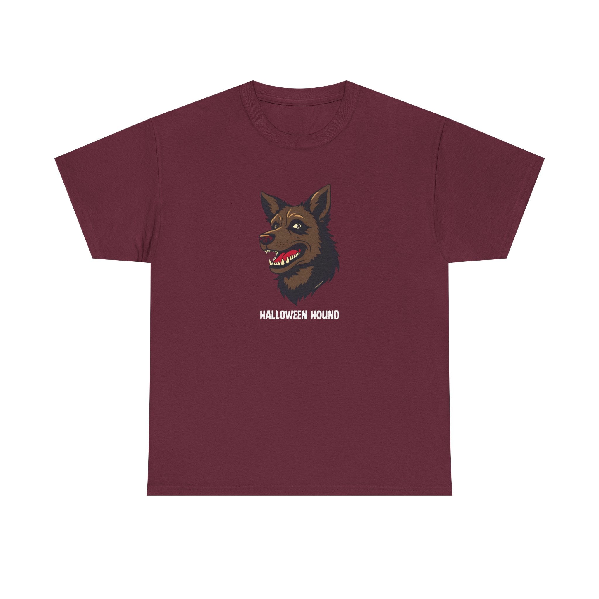 Halloween Hound Printed T-Shirt 100% Cotton Novelty Scary Halloween Dog Tee Maroon