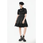 Dark in Love Belladonna Lace-Up High Collar Puff Sleeve Goth Dress in Black