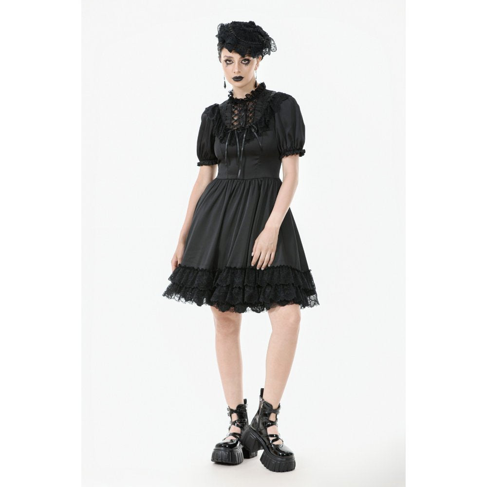Dark in Love Belladonna Lace-Up High Collar Puff Sleeve Goth Dress in Black