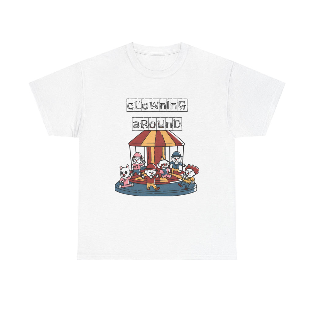 Clowning Around Novelty Printed T-Shirt 100% Cotton Weird Clown Merry Go Round Halloween Tee White