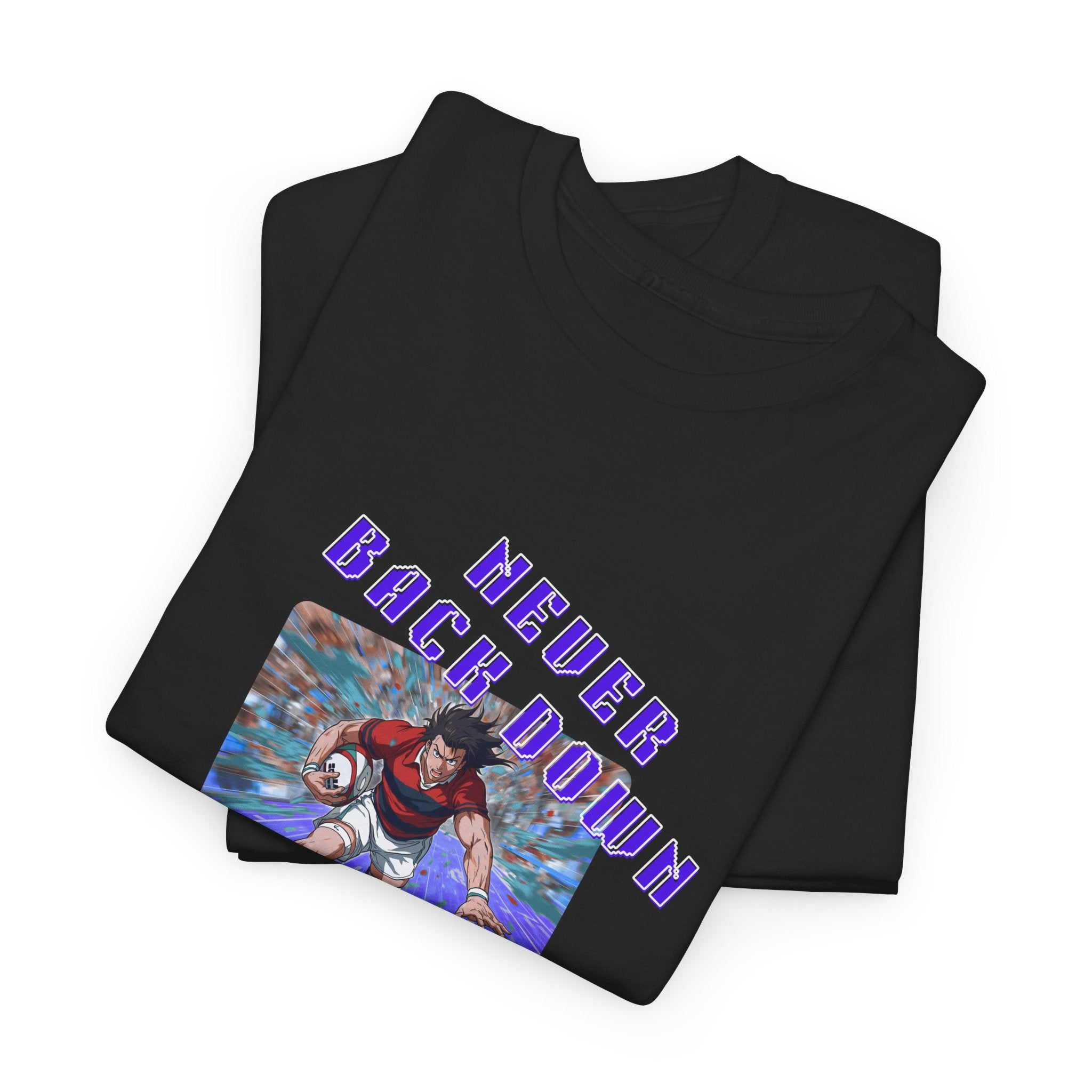 Never Back Down Anime Rugby Printed T-Shirt 100% Cotton Novelty Rugby Sports Tee Gift Black