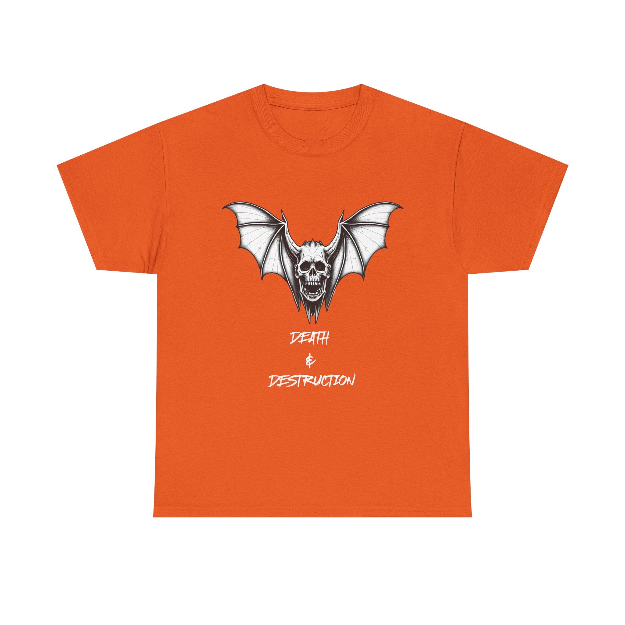 Death & Destruction Bat Skull Printed T-Shirt 100% Cotton Goth Biker Halloween Tee Orange