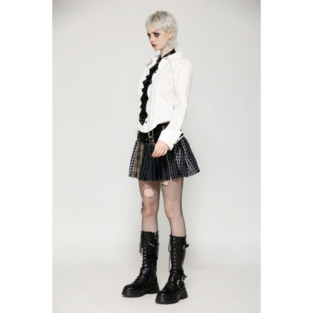 Dark in Love Sage Tartan Patchwork Leather-Waist Pleated Mini Skirt