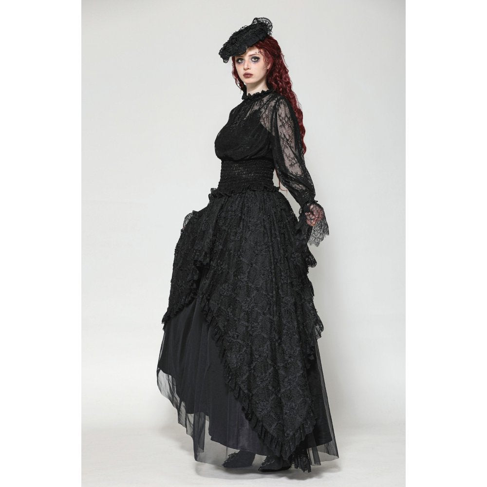 Dark in Love Aoife Black Hollow Lace Elastic Pleated Waist Eyelash Lace Cuff Top