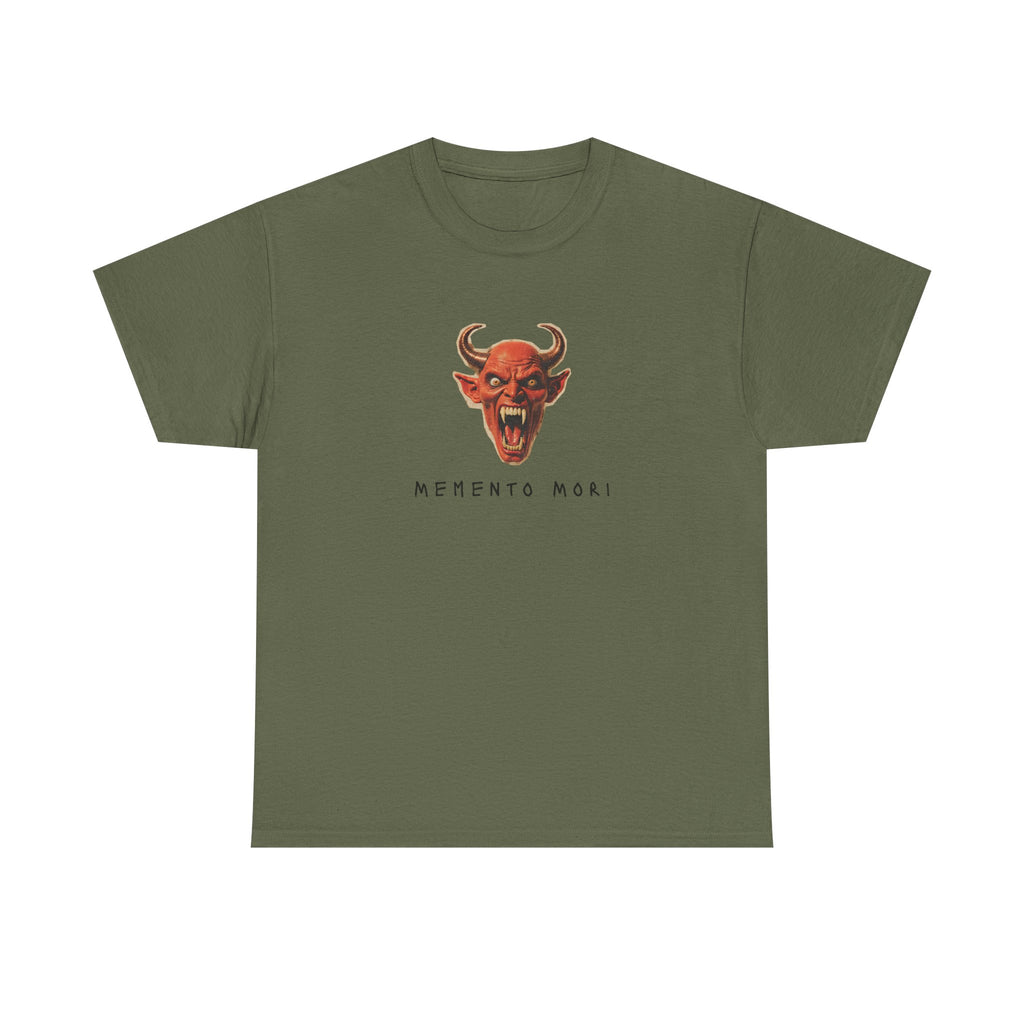 Memento Mori Devil Printed T-Shirt 100% Cotton Halloween Scary Satan Tee Gift Military Green
