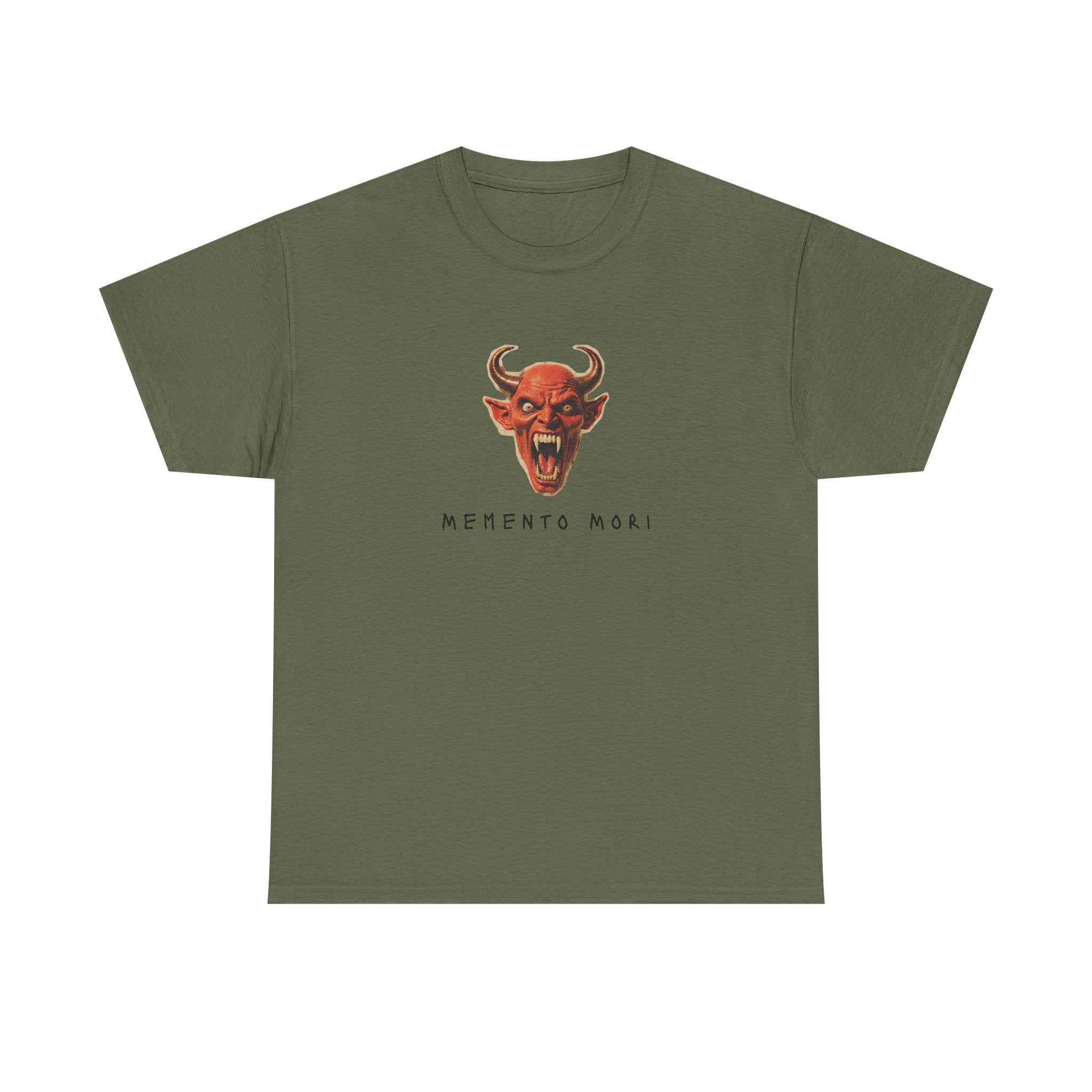 Memento Mori Devil Printed T-Shirt 100% Cotton Halloween Scary Satan Tee Gift Military Green