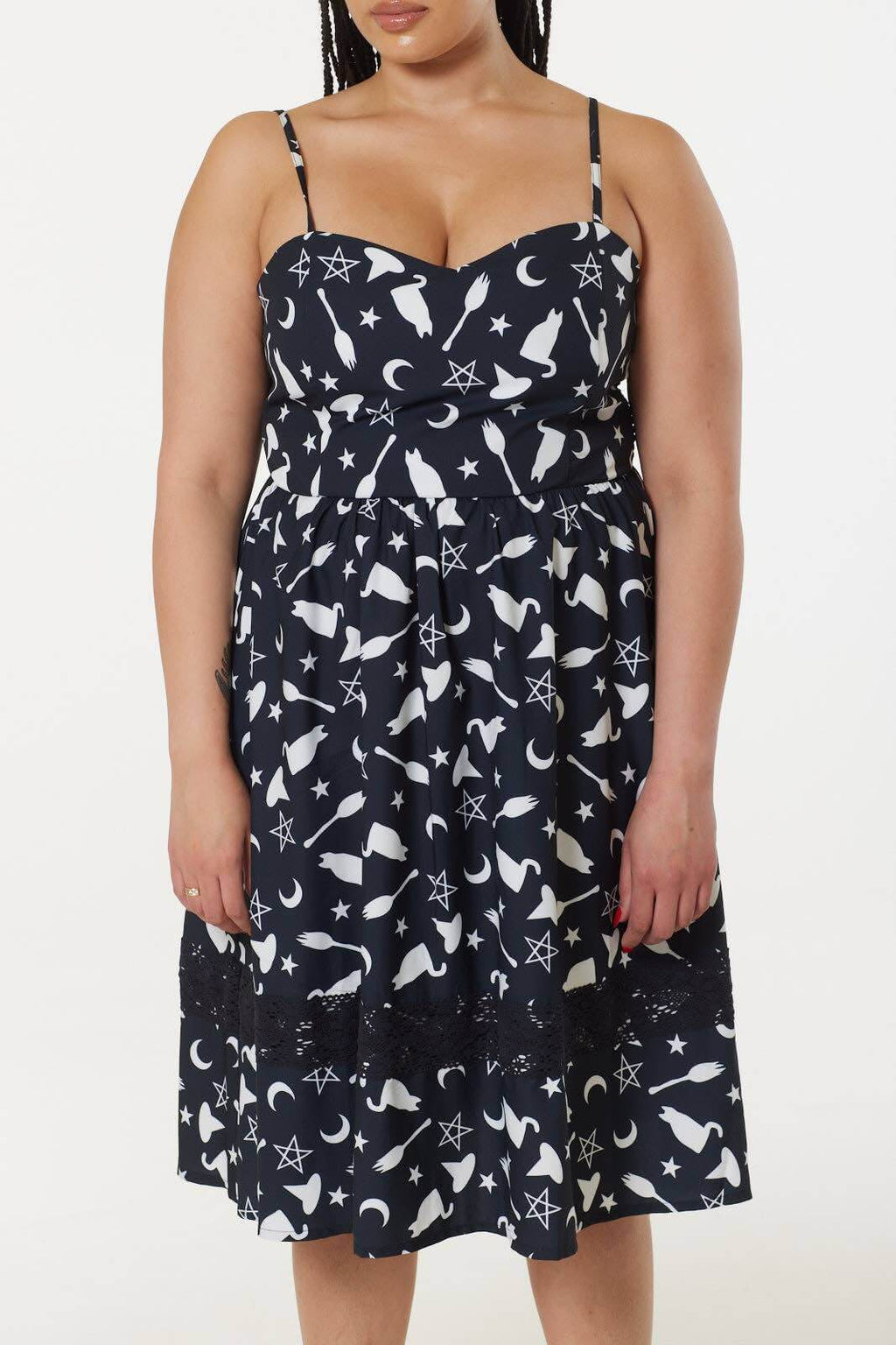Alternative Midi Fit&Flare Witch Print Dress with Lace hem