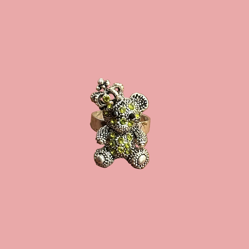 Diamante Teddy Bear Ring Silver Tone - Adjustable Size N Green Yellow