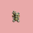 Diamante Teddy Bear Ring Silver Tone - Adjustable Size N Green Yellow