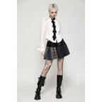 Dark in Love Sage Tartan Patchwork Leather-Waist Pleated Mini Skirt