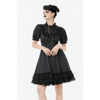 Dark in Love Belladonna Lace-Up High Collar Puff Sleeve Goth Dress in Black