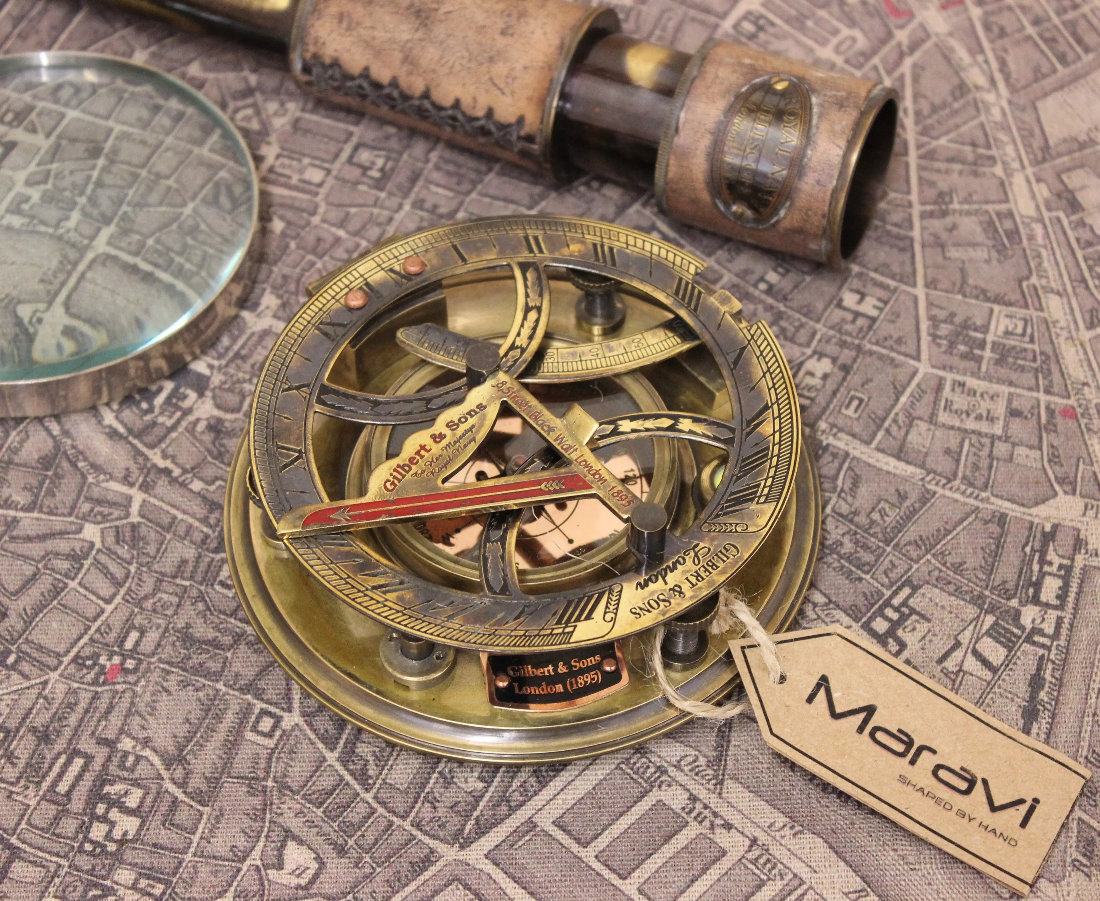 Antique Gilbert and Sons Compass Sundial Copper Dial