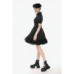 Dark in Love Belladonna Lace-Up High Collar Puff Sleeve Goth Dress in Black