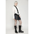 Dark in Love Sage Tartan Patchwork Leather-Waist Pleated Mini Skirt