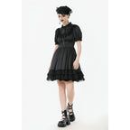 Dark in Love Belladonna Lace-Up High Collar Puff Sleeve Goth Dress in Black