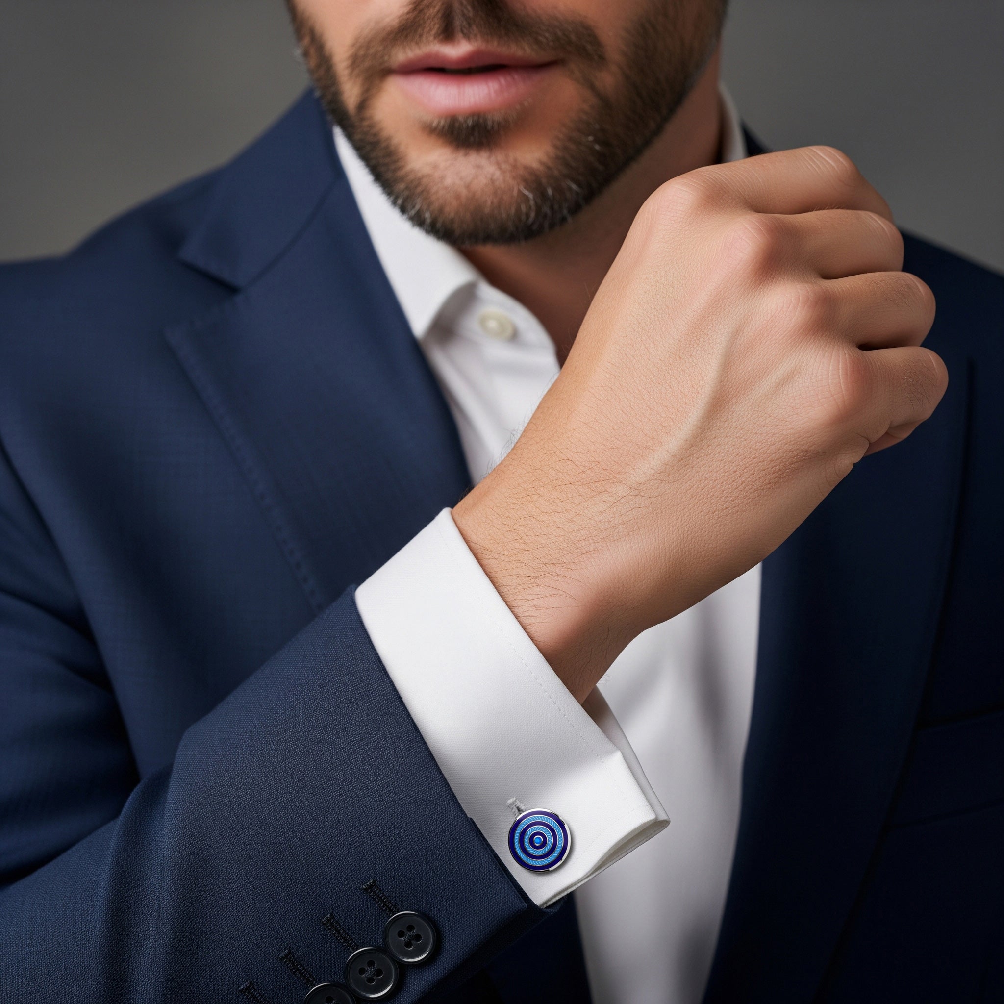 Guilloche Roundel Sterling Silver Cufflinks In Navy & Sky