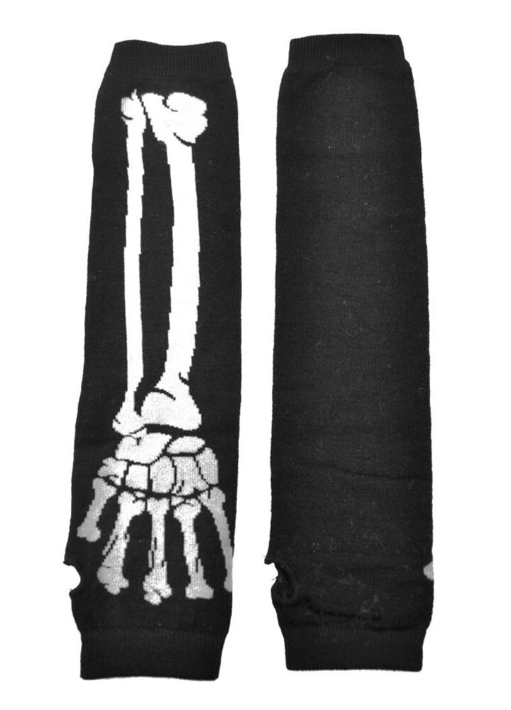 Poizen Industries Bone Arm Warmers - Gothic Skeleton Print Thumb Holes Black White One Size