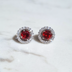Garnet Halo Stud Earrings with Jackets in Sterling Silver