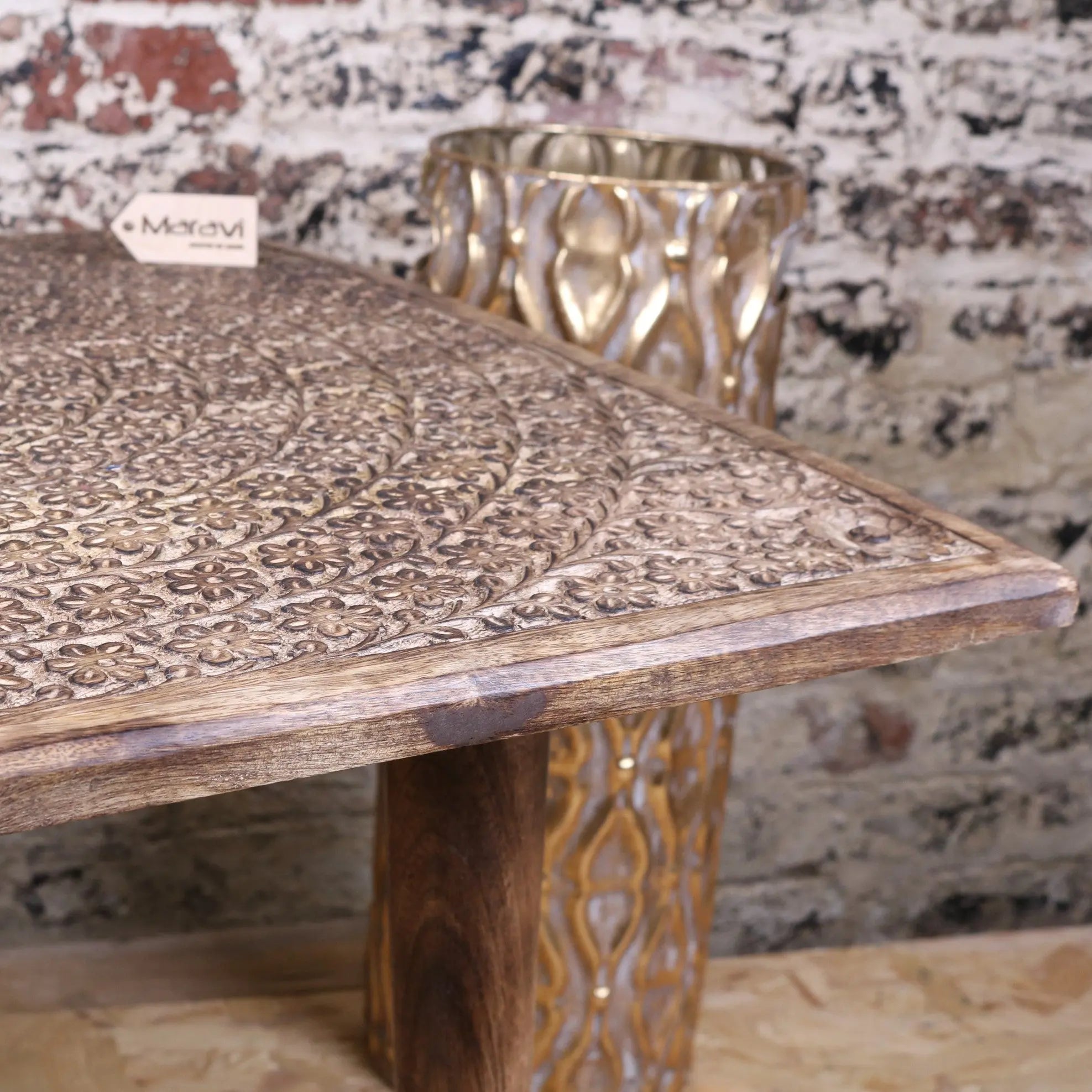 Ibra Large Side Table Burnt Mango Wood Hand Carved