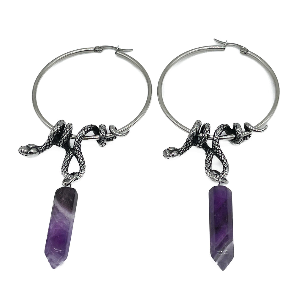 Serpent's Lair Snake Crystal Hoops Amethyst Crystal