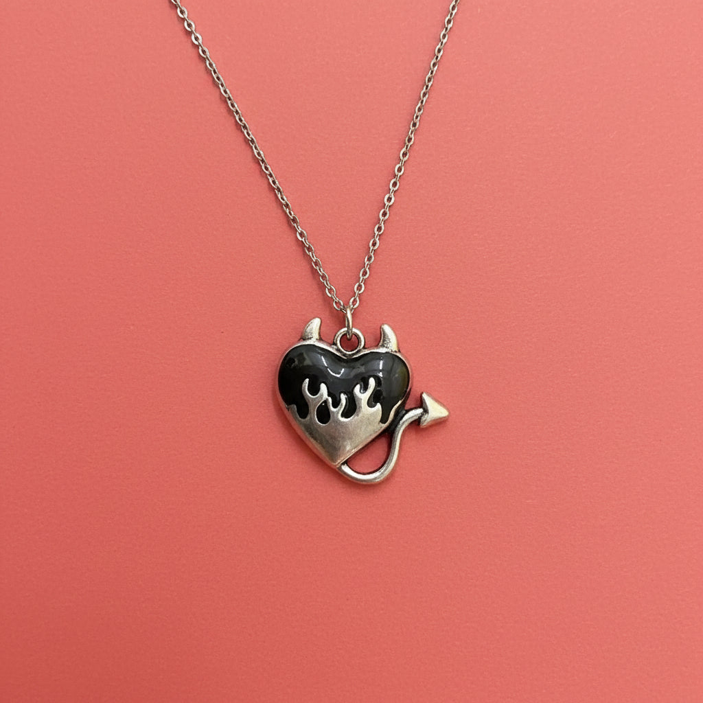 Flaming Devil Heart Pendant Necklace Black