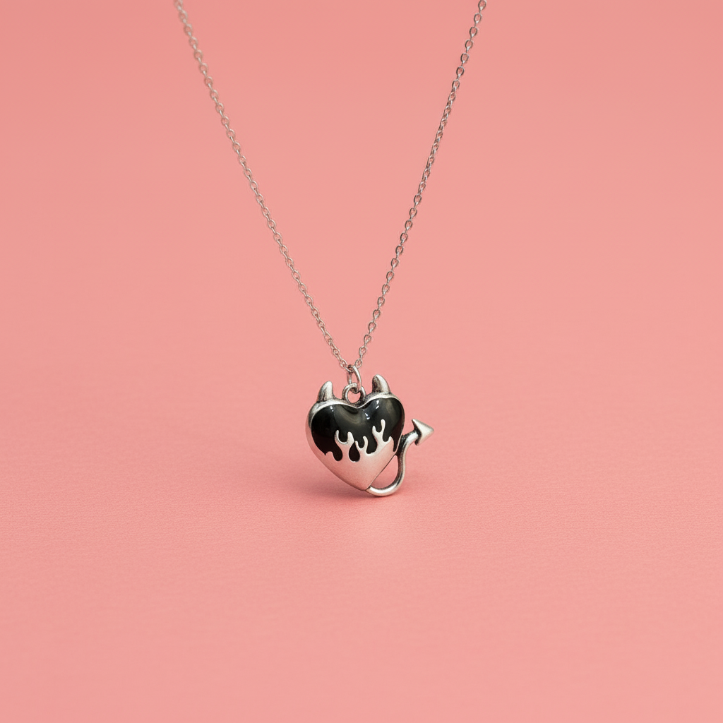 Flaming Devil Heart Pendant Necklace Black