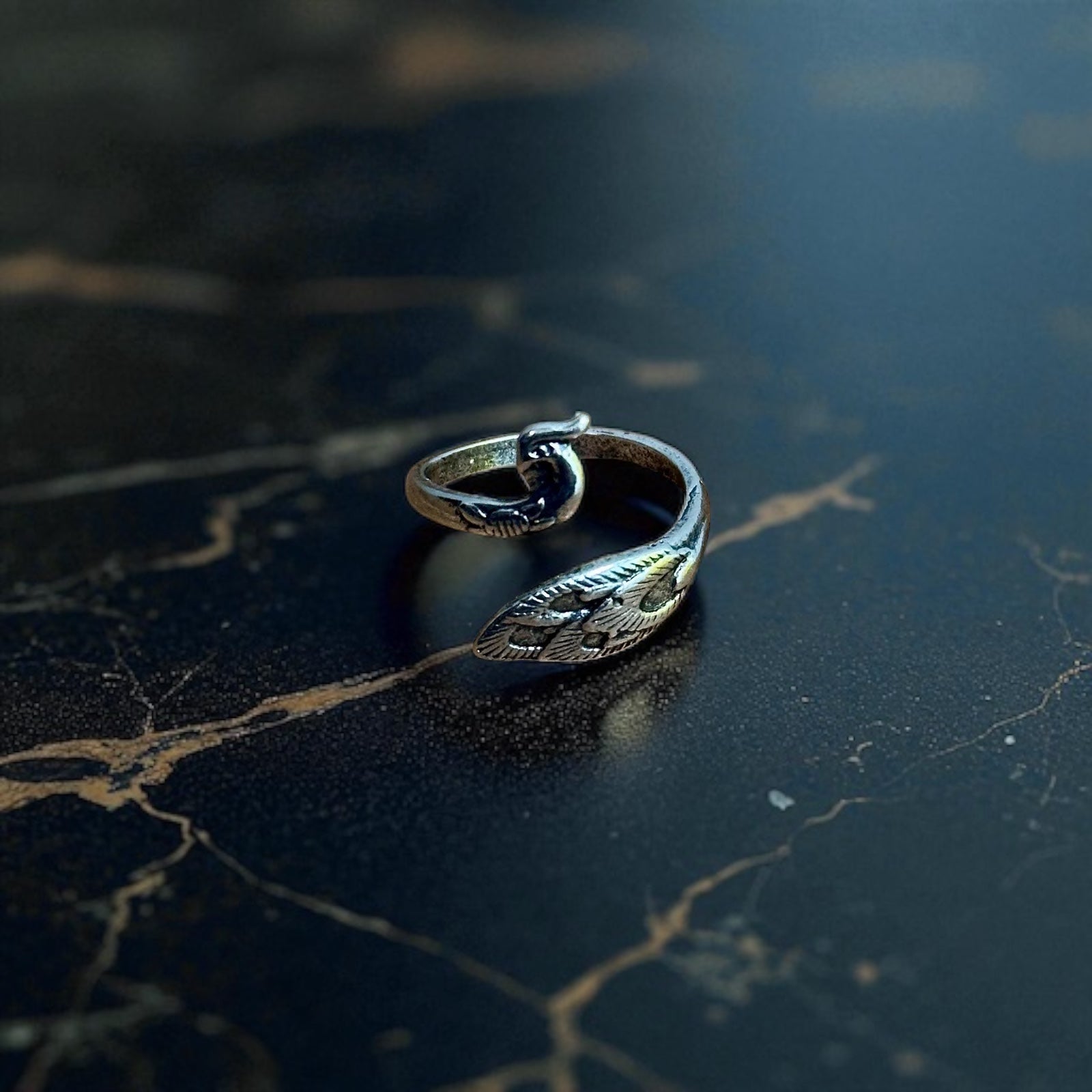 Unique Wrap Around Peacock Ring Silver Tone - Adjustable Size R 1/2