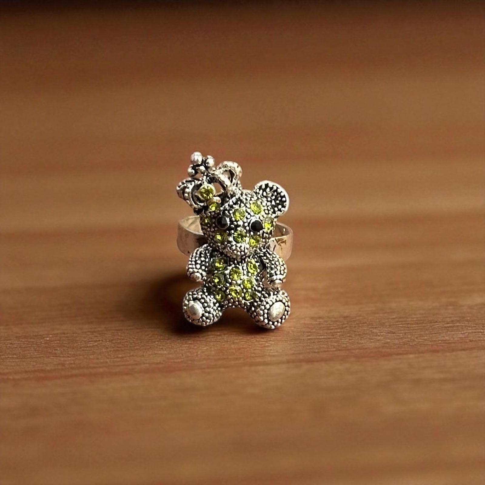 Diamante Teddy Bear Ring Silver Tone - Adjustable Size N