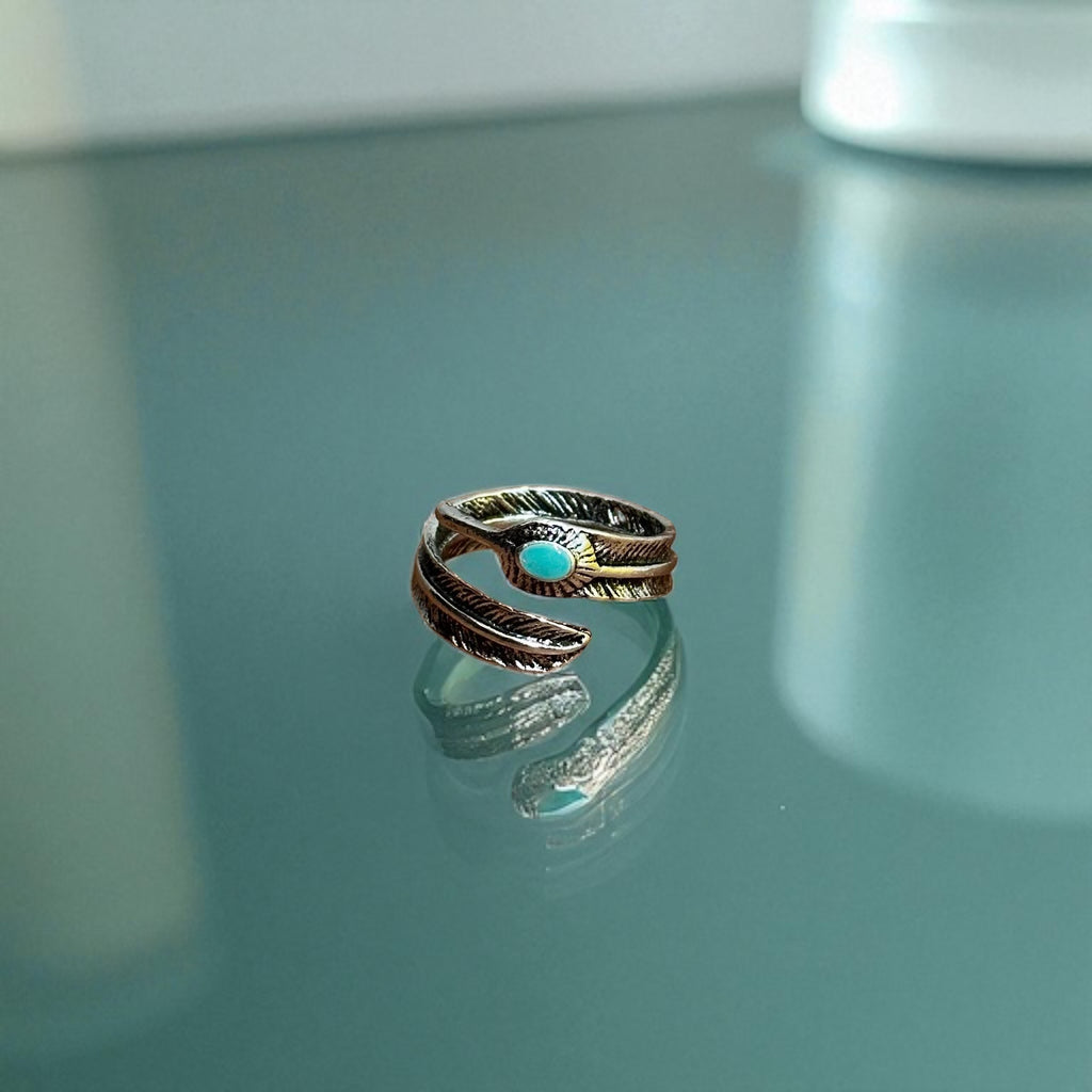 Adjustable Boho Tribal Feather Ring Green Silver Tone - Size S