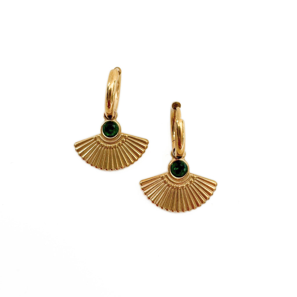 Hanaa Luxe 18k Gold Plated Green Jewel Fan Huggie Hoops