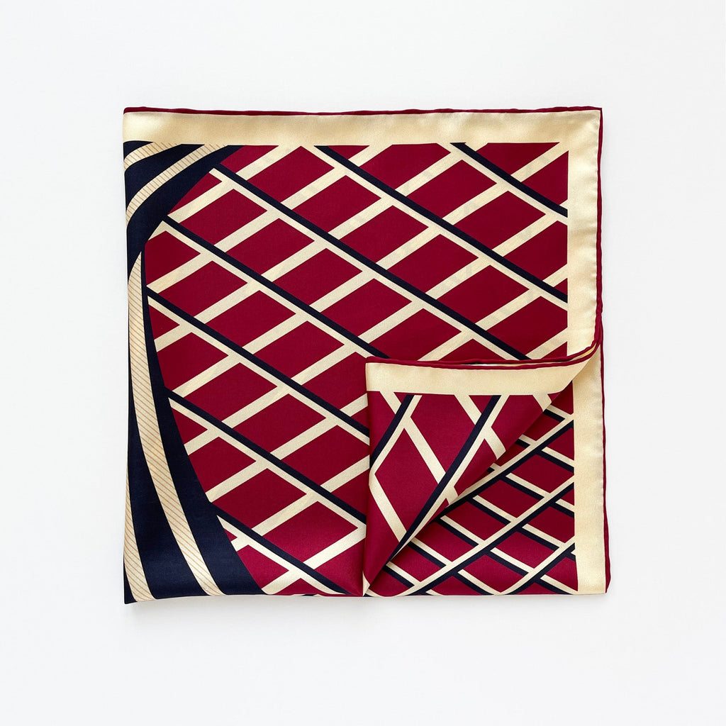 Kanagawa Wave Silk Scarf - 65cm Double-Sided Print Men's Neckerchief with Hand-Rolled Edges Red