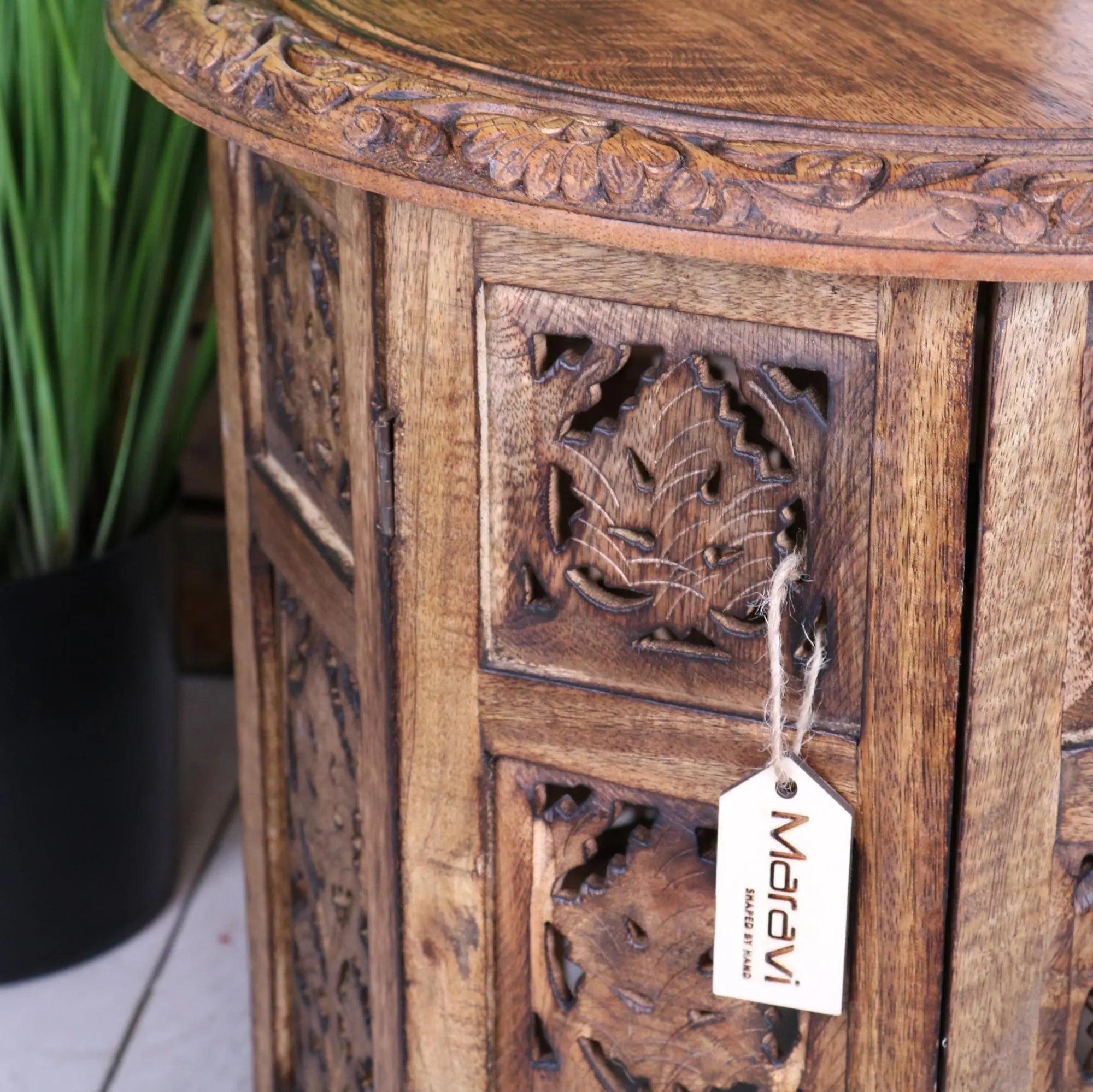 Rengali Large Mango Wood Side Table Leaf Carving