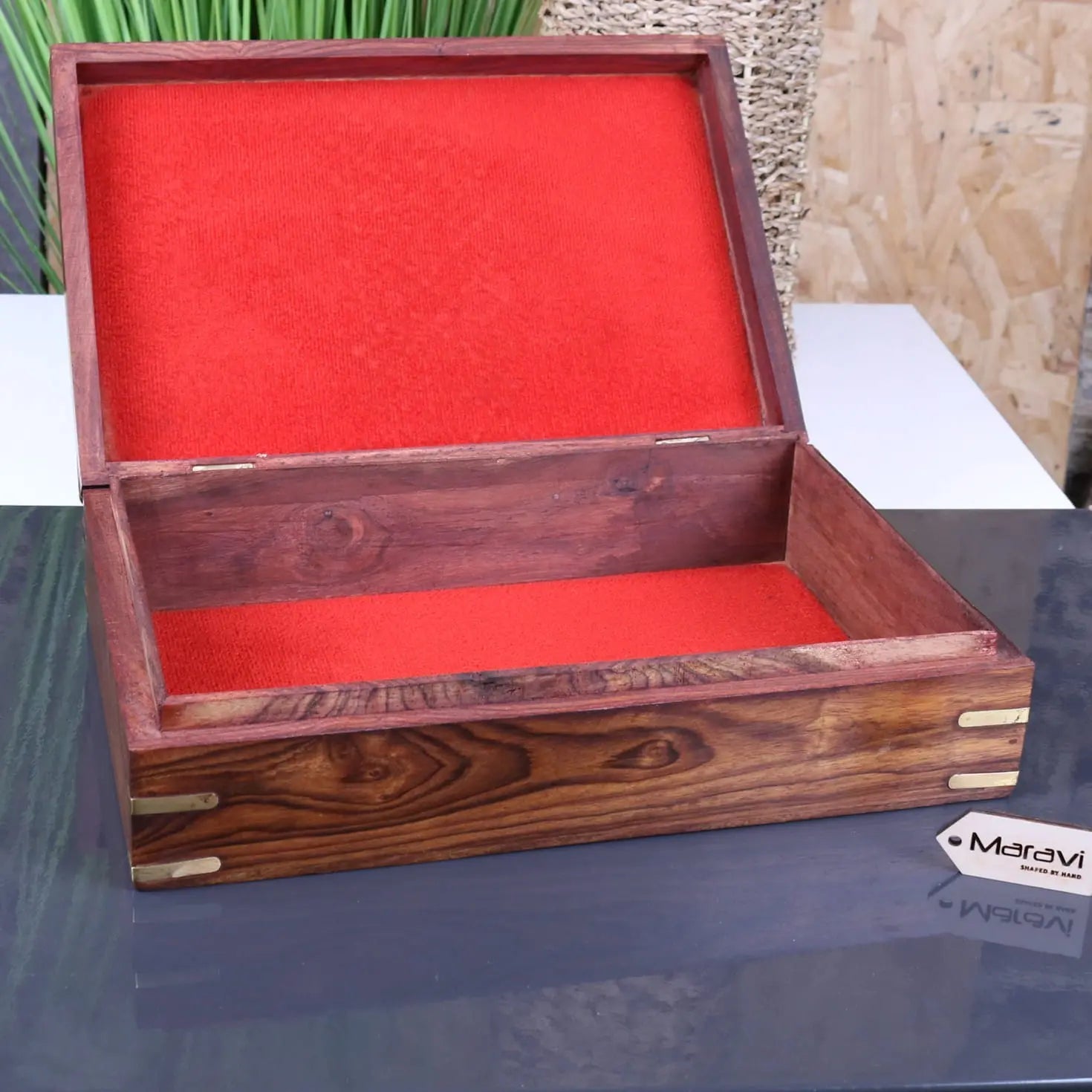 Vervek Large Hand Carved Wooden Box with Brass Inlay