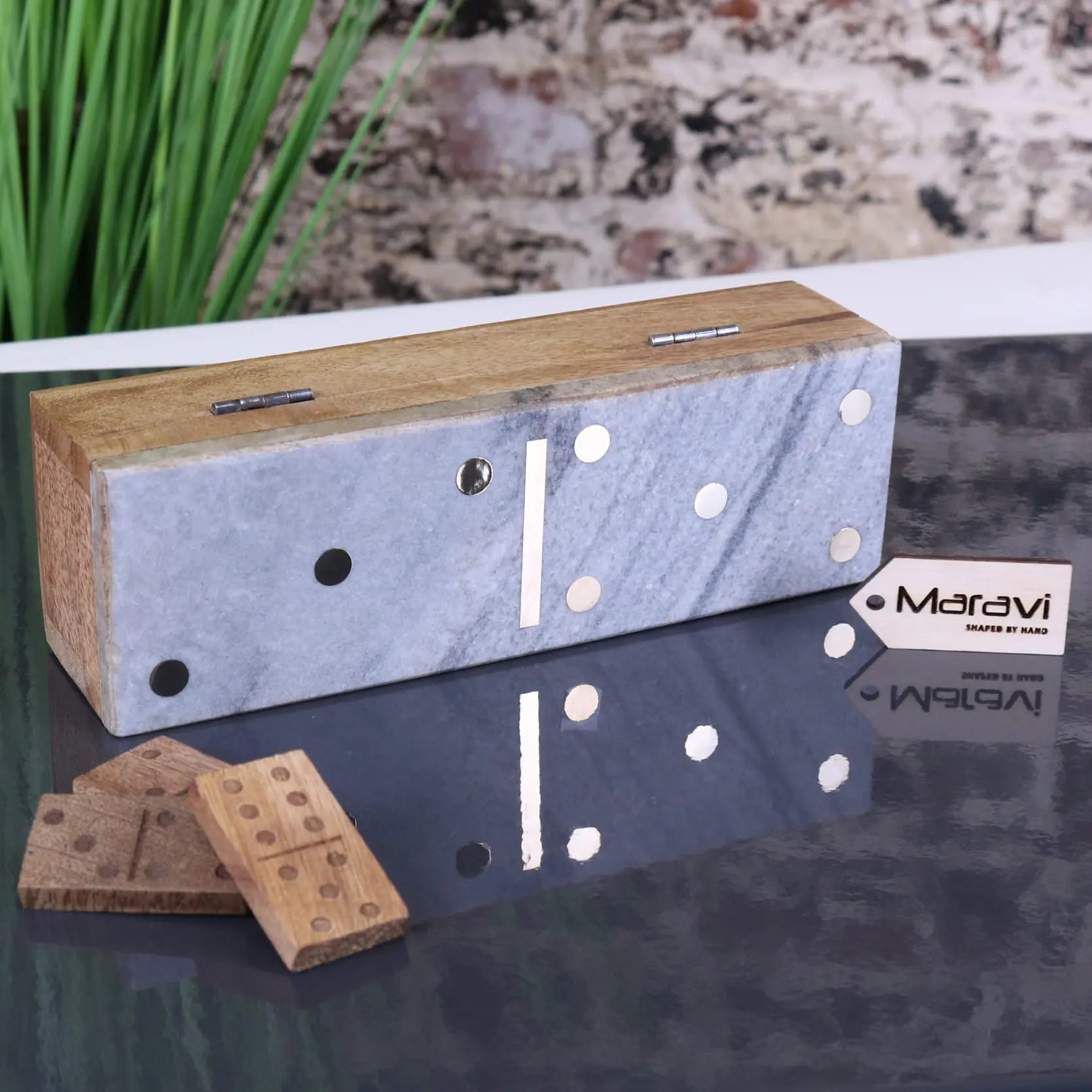 Osian Marble Lid Luxury Dominoes Set Grey