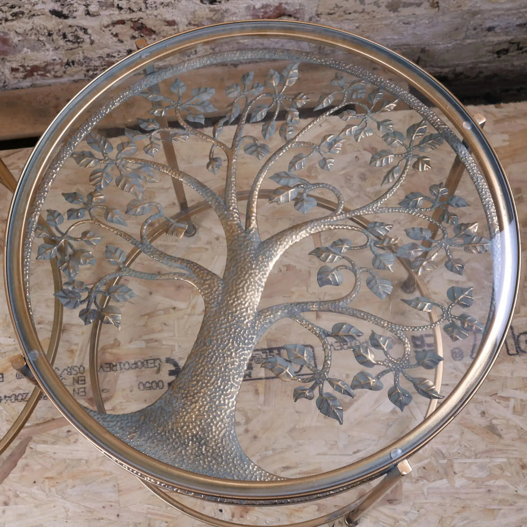 Belagavi Tree Design Set of 2 Round Side Tables Gold
