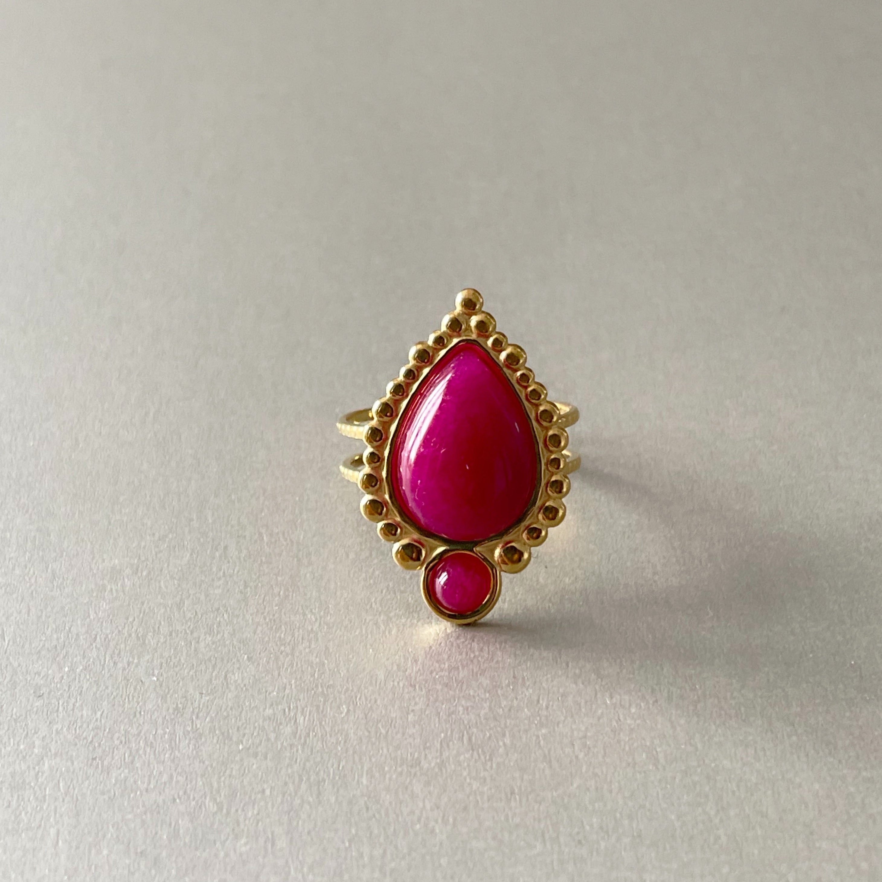 Adhira Luxe 18k Gold Plated Pink Teardrop Stone Ring