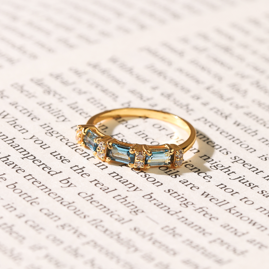 London Blue Topaz Emerald Cut Eternity Ring in 18k Gold Vermeil