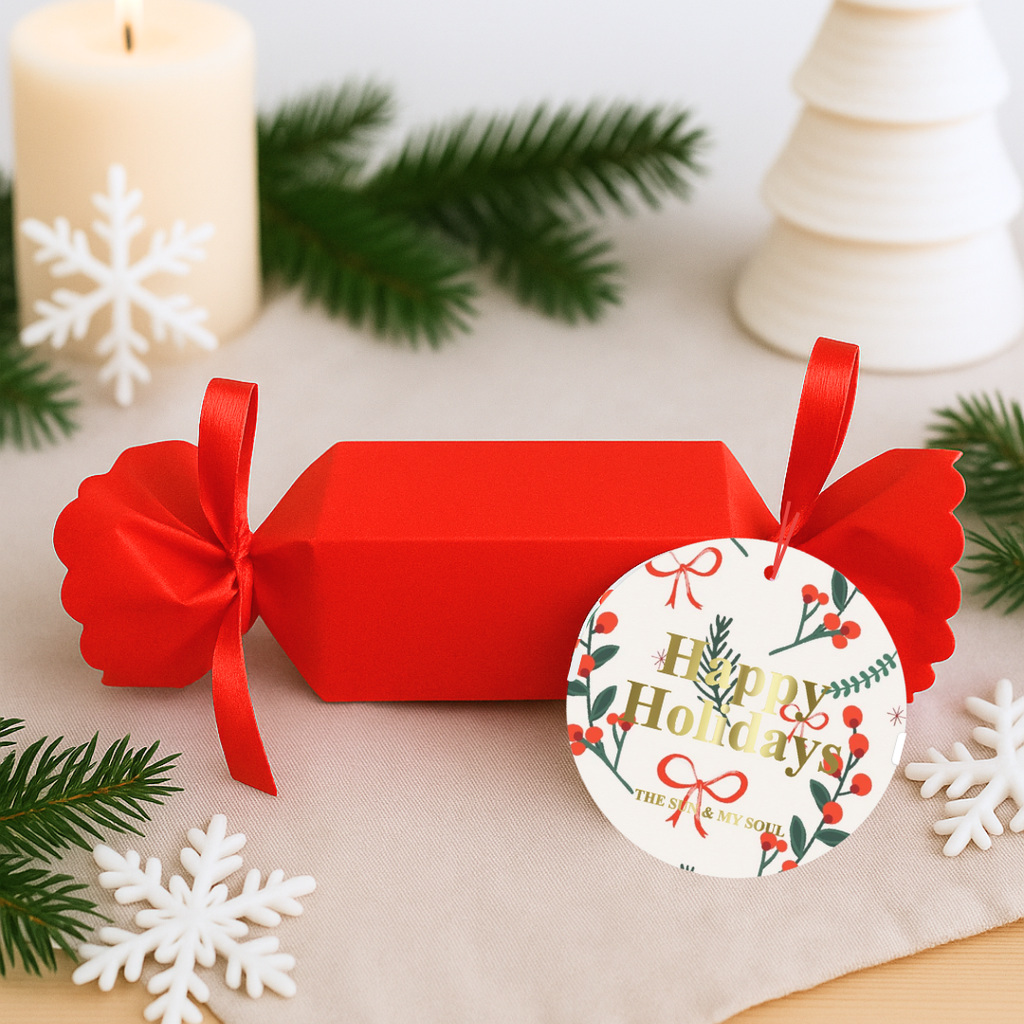 Happy Holidays Red Christmas Cracker Bath Bomb Gift – Raspberry Scent (Set of 4)