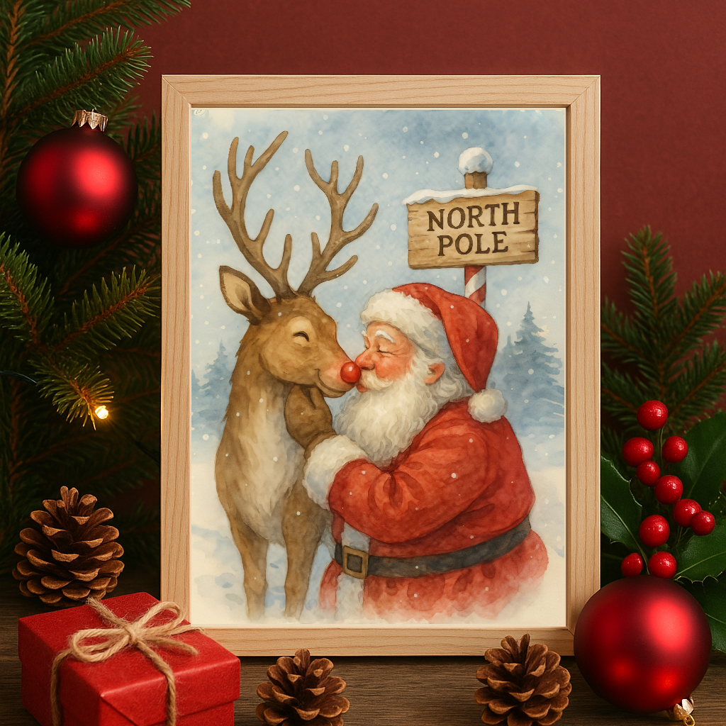 Santa & Reindeer Wall Art Christmas Print