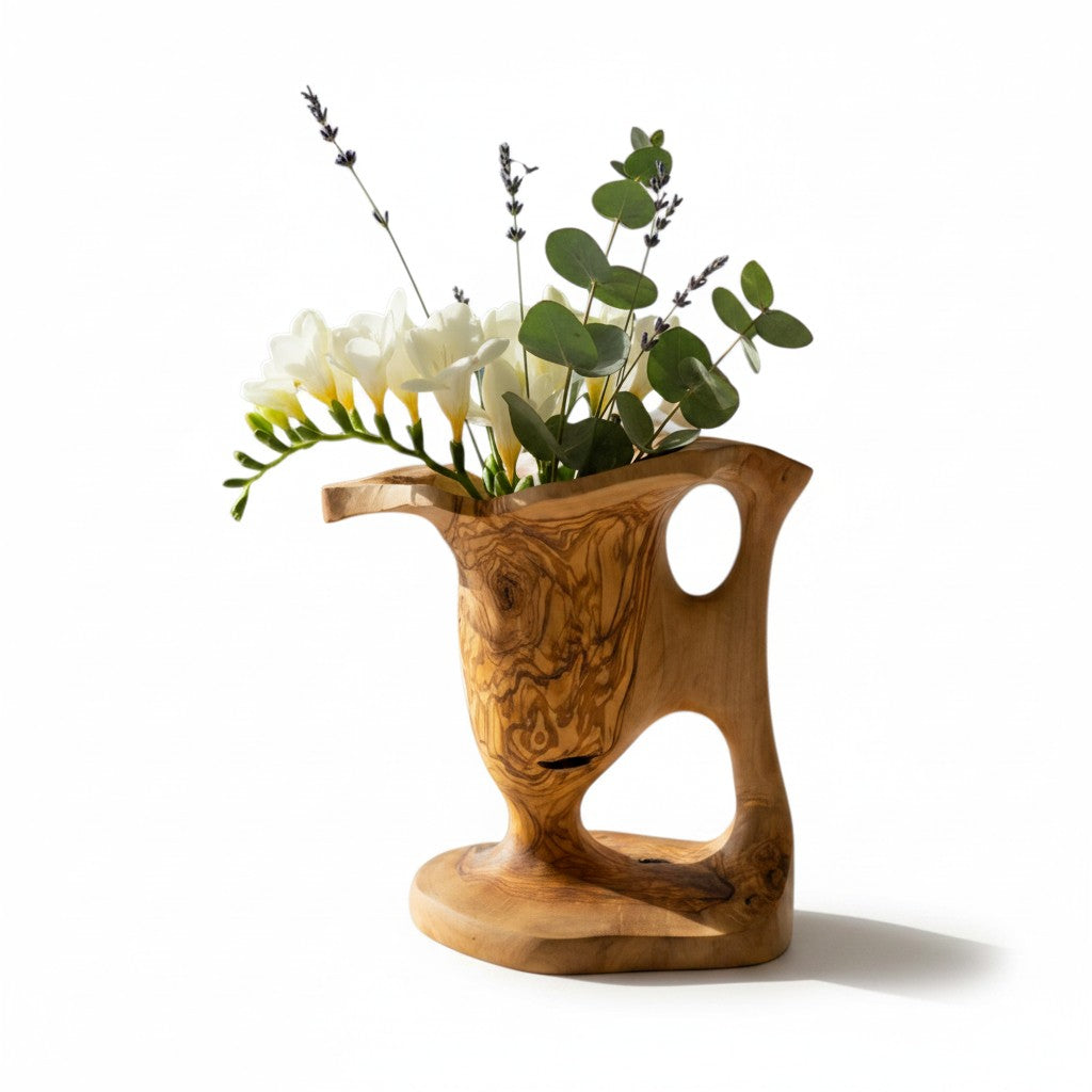 Handcrafted Olive Wood Pitcher Vase (34x20x28cm) | One-of-a-Kind Real Piece