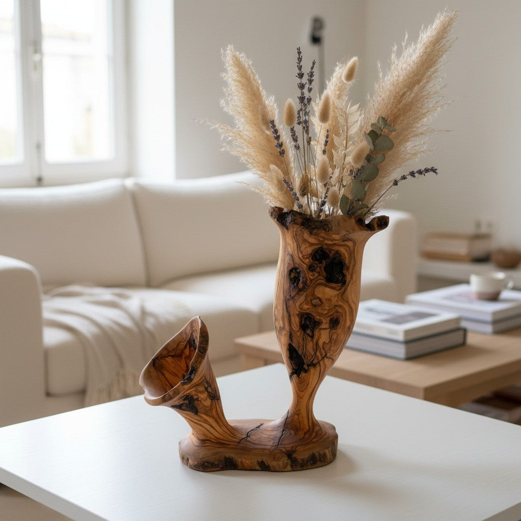 Handcrafted Olive Wood Pitcher Vase (37x20x40) | One-of-a-Kind Real Piece