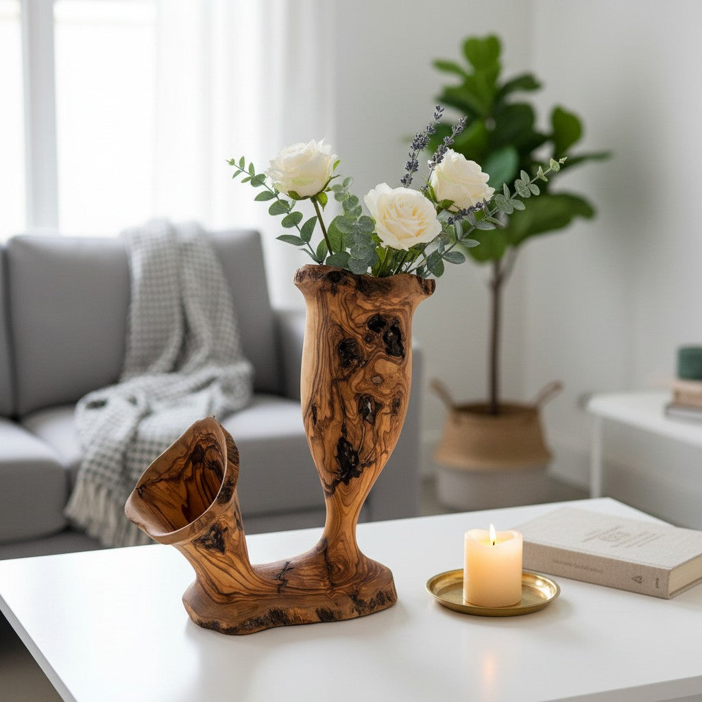 Handcrafted Olive Wood Pitcher Vase (37x20x40) | One-of-a-Kind Real Piece