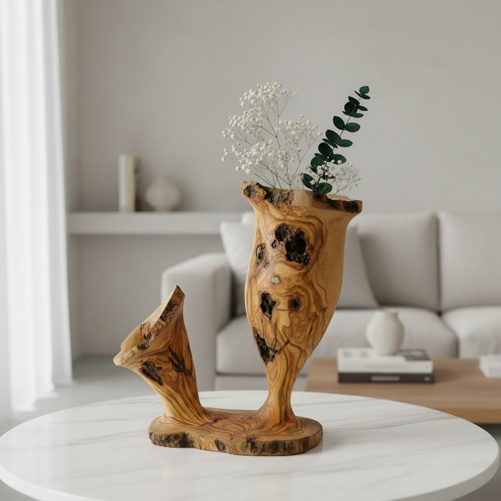 Handcrafted Olive Wood Pitcher Vase (37x20x40) | One-of-a-Kind Real Piece