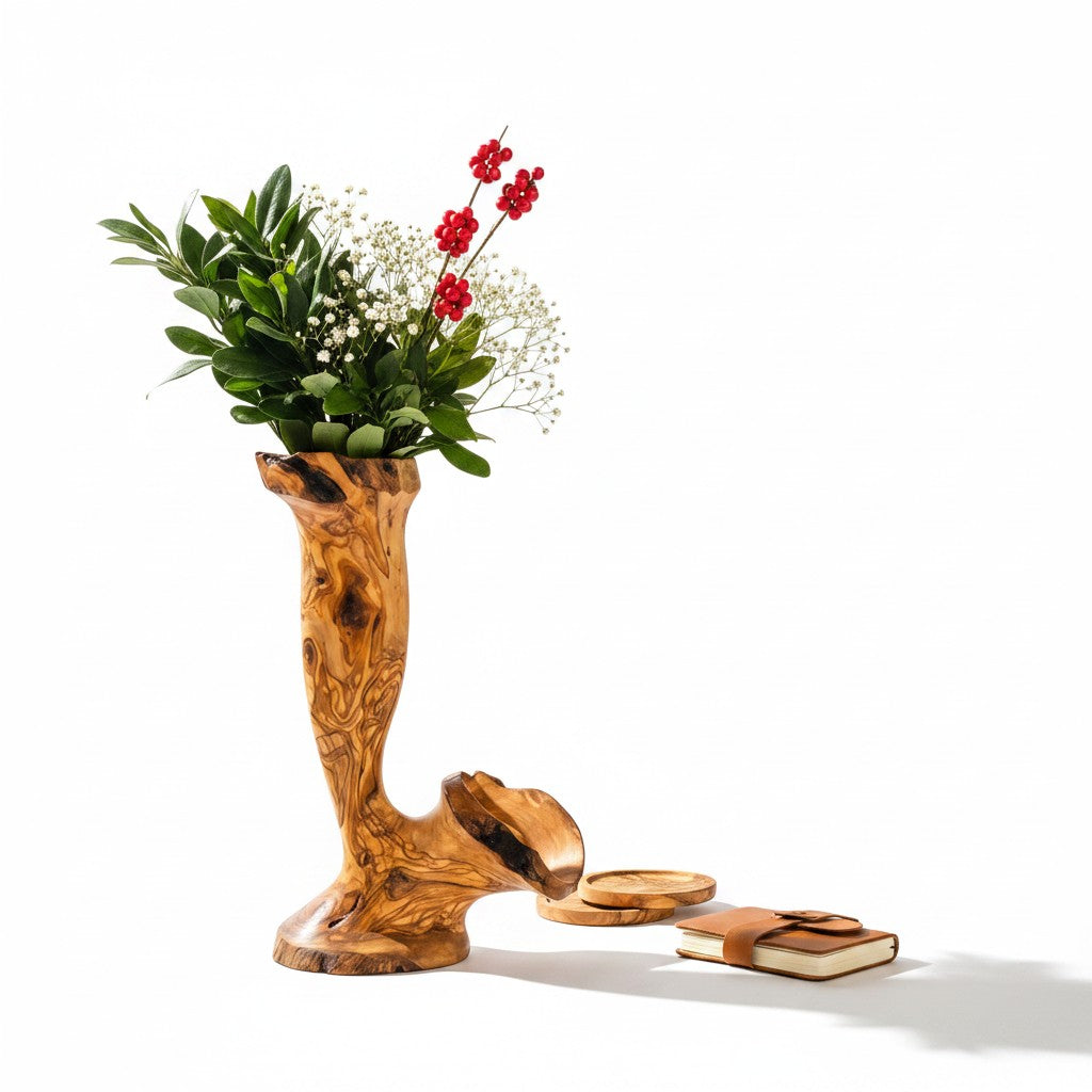 Handcrafted Olive Wood Pitcher Vase (25x15x40) | One-of-a-Kind Real Piece