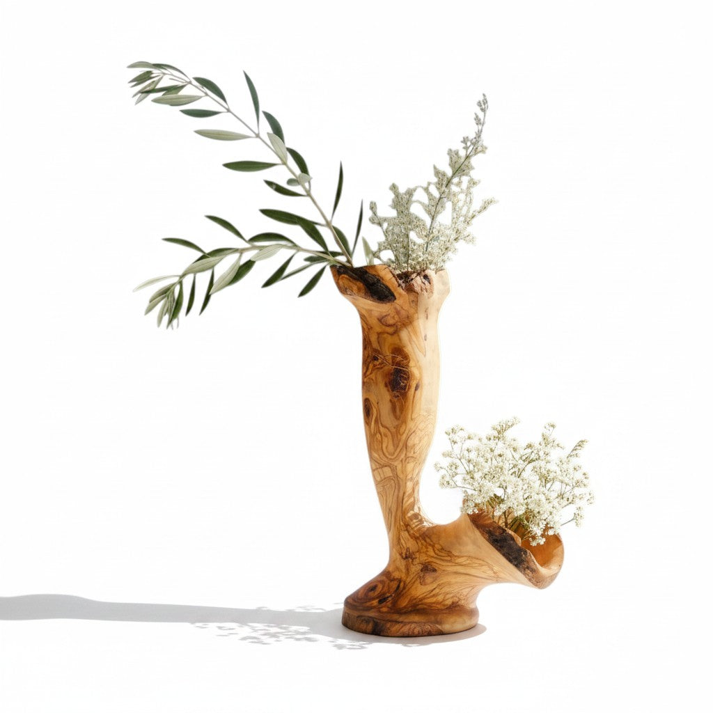 Handcrafted Olive Wood Pitcher Vase (25x15x40) | One-of-a-Kind Real Piece