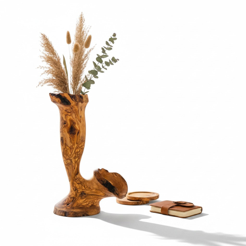 Handcrafted Olive Wood Pitcher Vase (25x15x40) | One-of-a-Kind Real Piece
