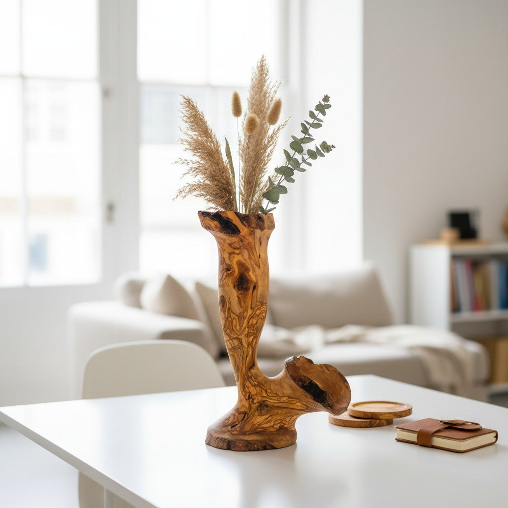 Handcrafted Olive Wood Pitcher Vase (25x15x40) | One-of-a-Kind Real Piece