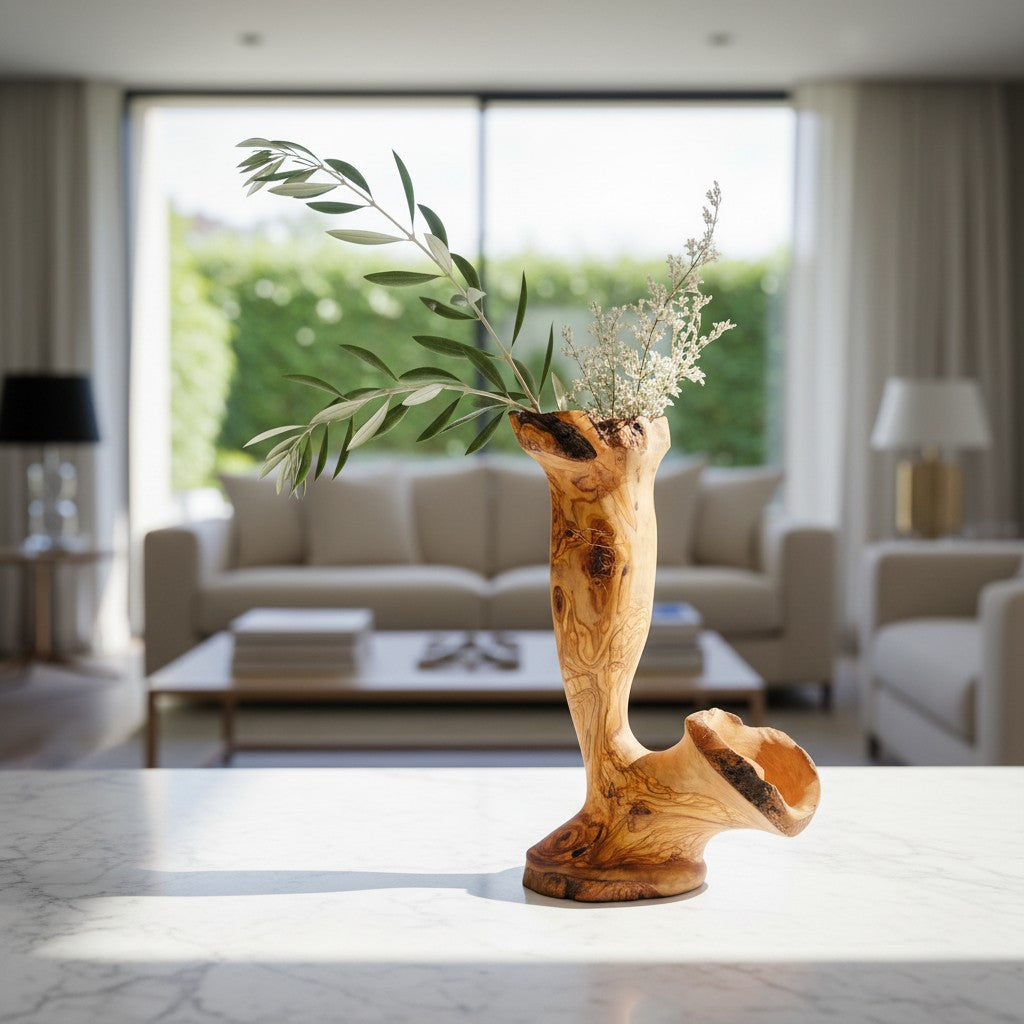 Handcrafted Olive Wood Pitcher Vase (25x15x40) | One-of-a-Kind Real Piece