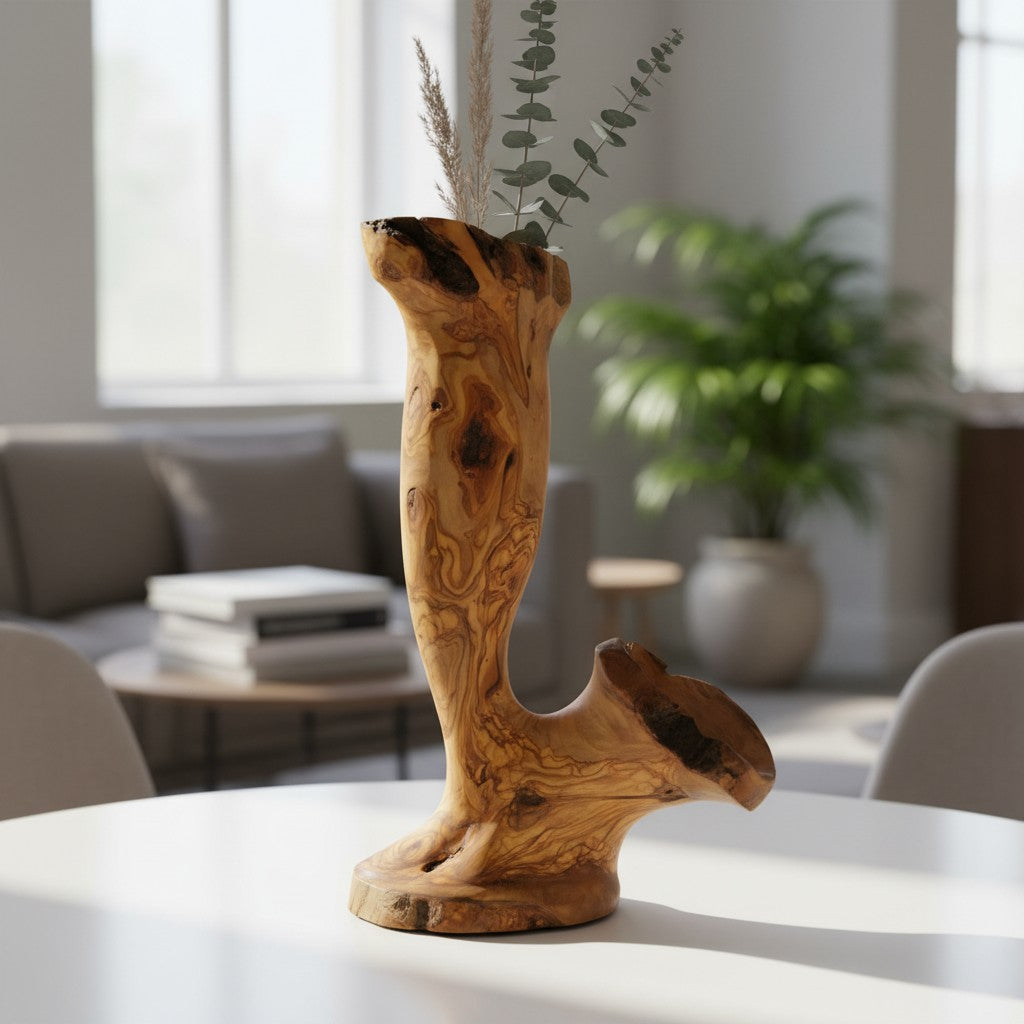 Handcrafted Olive Wood Pitcher Vase (25x15x40) | One-of-a-Kind Real Piece