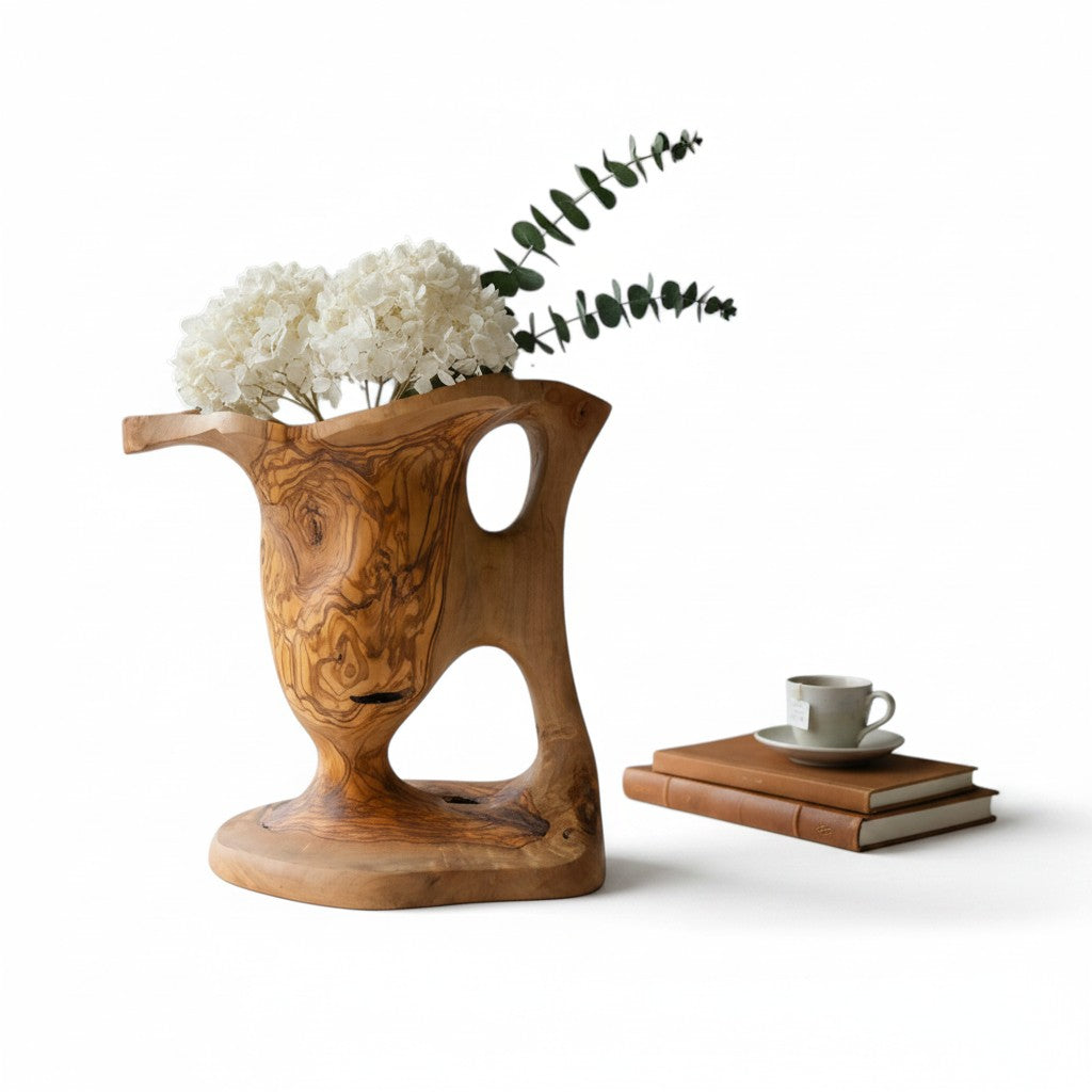 Handcrafted Olive Wood Pitcher Vase (34x20x28cm) | One-of-a-Kind Real Piece